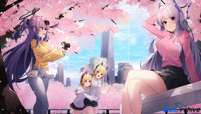 4girls absurdres black_shorts black_skirt blonde_hair blue_archive blush breasts building camera cherry_blossoms commentary day green_eyes green_halo grey_hair grey_pants grin halo hidel highres holding holding_camera hood hooded_jacket jacket large_breasts long_hair long_sleeves mechanical_halo midori_(blue_archive) momoi_(blue_archive) multiple_girls noa_(blue_archive) open_mouth outdoors pants pink_halo pink_shirt pleated_skirt purple_eyes purple_hair red_eyes shirt short_hair shorts siblings sisters skirt smile symbol-only_commentary twins white_jacket yellow_shirt yuuka_(blue_archive)