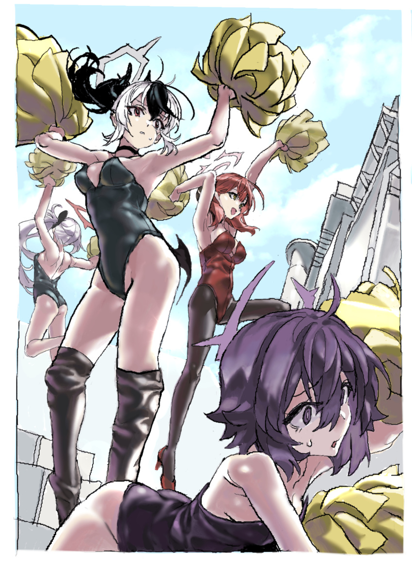 4girls alternate_costume armpits arms_up aru_(blue_archive) ass bare_back bare_shoulders black_choker black_footwear black_hair black_leotard black_pantyhose blue_archive blue_sky boots breasts building cheering choker commentary_request day facing_away falling floating_hair grimace halo haruka_(blue_archive) high_heels highleg highleg_leotard highres holding holding_pom_poms jumping kayoko_(blue_archive) large_breasts leotard long_hair looking_ahead multicolored_hair multiple_girls mutsuki_(blue_archive) nobita_(makoto7060355) open_mouth outdoors pantyhose pom_pom_(cheerleading) ponytail problem_solver_68_(blue_archive) purple_eyes purple_hair red_eyes red_footwear red_hair red_leotard side_ponytail sky smile stairs standing strapless strapless_leotard streaked_hair sweatdrop thigh_boots white_hair