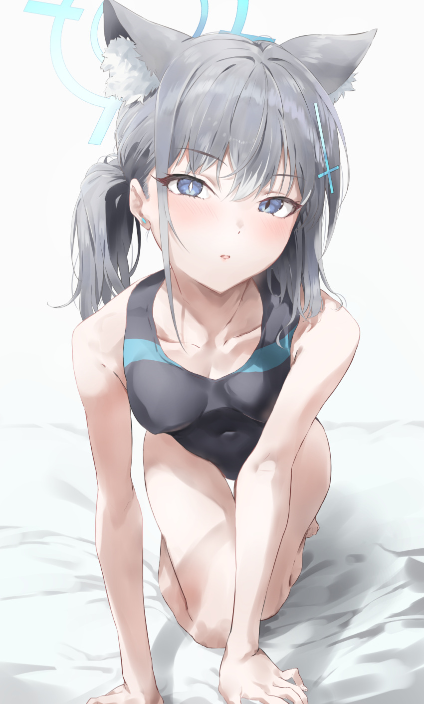 1girl all_fours animal_ears black_one-piece_swimsuit blue_archive blue_eyes blue_halo breasts collarbone competition_swimsuit covered_navel cross_hair_ornament earrings extra_ears grey_hair hair_ornament halo highleg highleg_swimsuit highres jewelry kuu_(user_gngs5284) looking_at_viewer low_ponytail medium_breasts medium_hair mismatched_pupils official_alternate_costume one-piece_swimsuit shiroko_(blue_archive) shiroko_(swimsuit)_(blue_archive) solo stud_earrings swimsuit wolf_ears