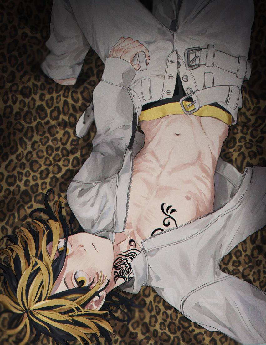 1boy animal_print belt black_hair boxers chest_tattoo closed_mouth collarbone hair_between_eyes hand_on_own_thigh hanemiya_kazutora highres jacket leopard_print light_blush long_sleeves looking_at_viewer lying male_focus male_underwear mole mole_under_eye multicolored_hair nama neck_tattoo nipples no_shirt on_back open_belt open_clothes open_jacket pants pectorals solo spotlight streaked_hair tattoo tokyo_revengers torso underwear upside-down white_belt white_jacket white_pants wolf_cut yellow_eyes