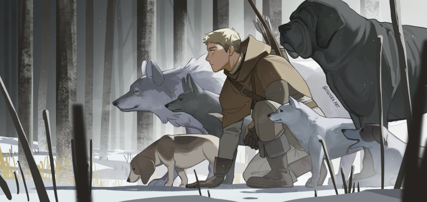 1boy animal arrow_(projectile) blonde_hair bow_(weapon) brown_gloves dog etceteraart forest from_side gloves hand_on_ground highres hood nature on_one_knee original outdoors quiver short_hair snow squatting strap tree weapon wolf