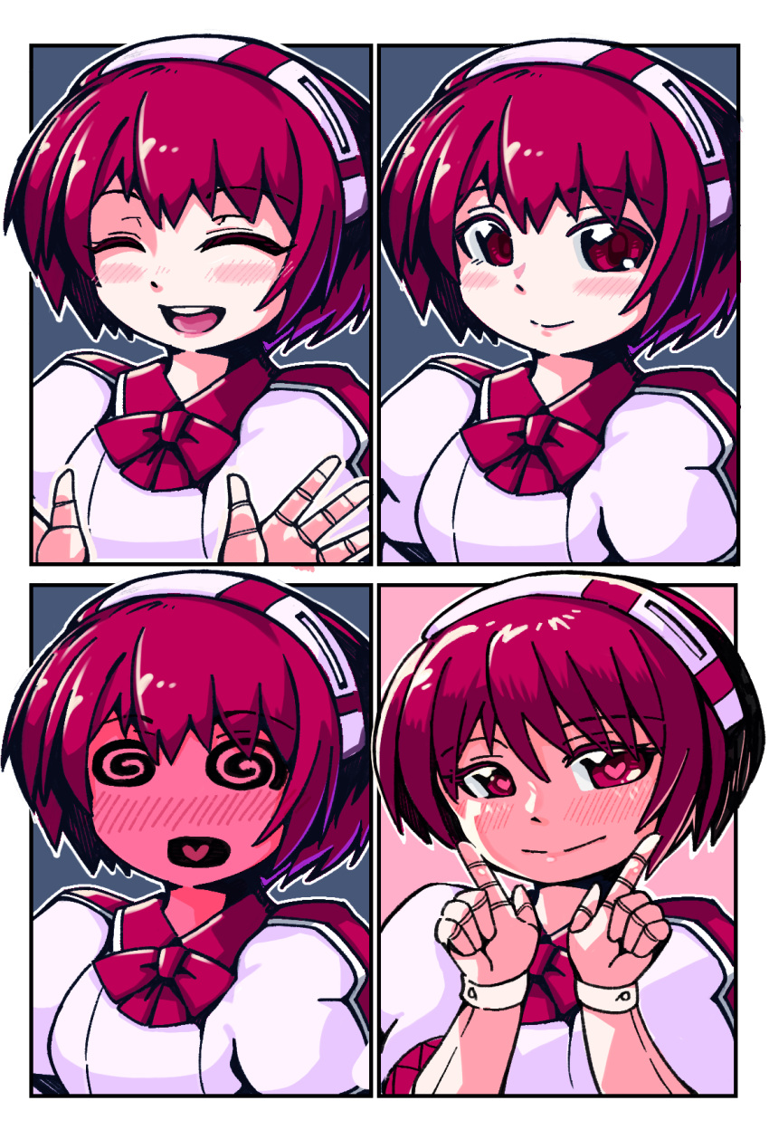 1girl :d @_@ android blue_background blush border bow bowtie closed_eyes closed_mouth commentary_request dorothy_haze embarrassed expressions full-face_blush hairband hands_up heart heart-shaped_pupils heart_in_mouth highres index_fingers_raised joints looking_at_viewer mikiji multiple_views open_hands open_mouth pink_background puffy_short_sleeves puffy_sleeves red_bow red_bowtie red_eyes red_hair robot_joints shirt short_hair short_sleeves smile striped_clothes striped_hairband symbol-shaped_pupils upper_body va-11_hall-a white_border white_hairband white_shirt white_wrist_cuffs wrist_cuffs