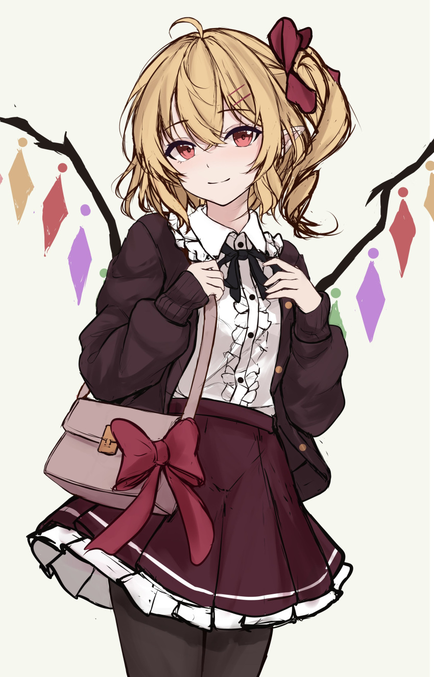 1girl absurdres alternate_costume bag black_pantyhose black_ribbon blonde_hair bow brown_sweater_vest center_frills contemporary cowboy_shot crystal_wings flandre_scarlet frilled_shirt frilled_skirt frills hair_bow hair_ornament hairclip handbag hands_up highres holding holding_bag long_hair looking_at_viewer neck_ribbon open_clothes open_vest orchid_(orukido) pantyhose pleated_skirt pointy_ears red_bow red_eyes red_skirt ribbon shirt side_ponytail skirt sleeves_past_wrists smile solo standing sweater_vest touhou vest white_shirt wing_collar