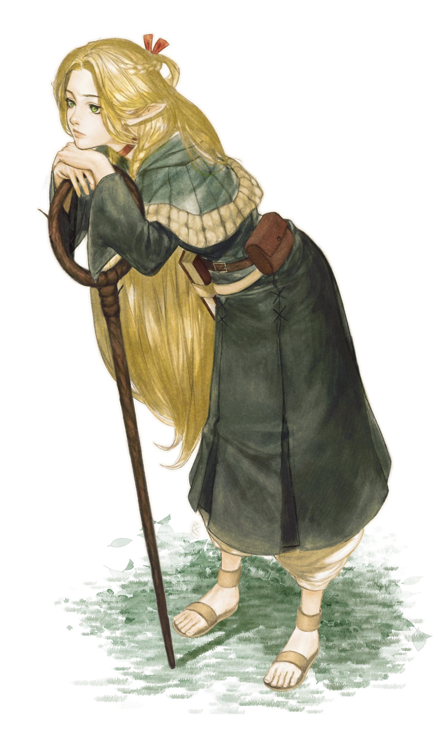 1girl absurdres alfie_(retroxknight) belt belt_pouch blonde_hair book braid brown_footwear capelet choker dress dungeon_meshi elf full_body fur-trimmed_capelet fur_trim green_capelet green_dress green_eyes half_updo highres leaning_forward leaning_on_object long_hair long_sleeves looking_ahead marcille_donato multiple_braids own_hands_together pointy_ears pouch red_choker sandals simple_background solo staff standing white_background