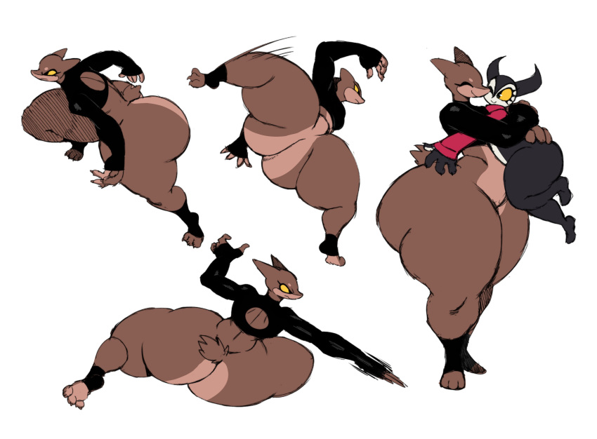 alien anthro ava_(sssonic2) big_butt black_body bottom_heavy bottomless brown_body brown_fur butt clothed clothing crouching demon duo female fur hi_res hug huge_butt imp kick punch smile sssonic2 thick_thighs wide_hips yellow_eyes