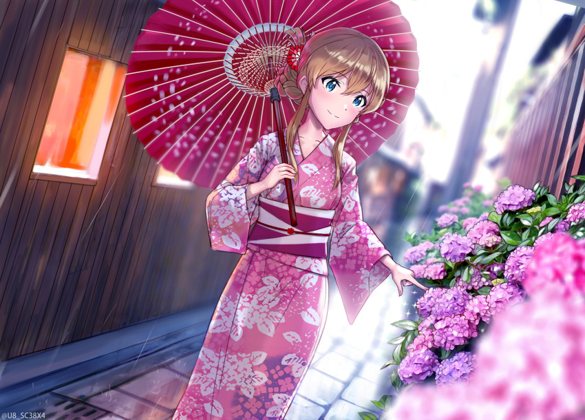 1girl absurdres alternate_hairstyle blue_eyes blurry blush breasts brown_hair building bush closed_mouth cloud cloudy_sky day depth_of_field dot_nose floral_print_kimono flower folded_ponytail hair_flower hair_ornament highres holding holding_umbrella hydrangea idolmaster idolmaster_million_live! idolmaster_million_live!_theater_days japanese_clothes kimono kousaka_umi long_hair long_sleeves looking_at_another medium_breasts obi obijime oil-paper_umbrella outdoors pink_flower pink_kimono purple_flower purple_sash rain red_flower sash sky smile solo twitter_username u8_sc38x4 umbrella wet_pavement wide_sleeves