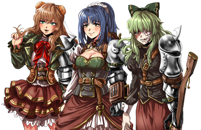 3girls :3 absurdres ahoge bandages belt blue_hair bow breasts brown_hair buckle chloe_ironside ciconia_no_naku_koro_ni cleavage dress eyepatch frills gauntlets green_eyes green_hair green_jacket hair_bow hair_ornament hand_in_own_hair headdress highres jacket juliet_sleeves koshka_(ciconia) kuya_(hey36253625) lilja_viljakainen long_hair long_sleeves military missing_tooth multiple_belts multiple_girls open_mouth ponytail puffy_sleeves pulla red_ribbon ribbon simple_background skirt smile white_background white_sleeves yellow_eyes