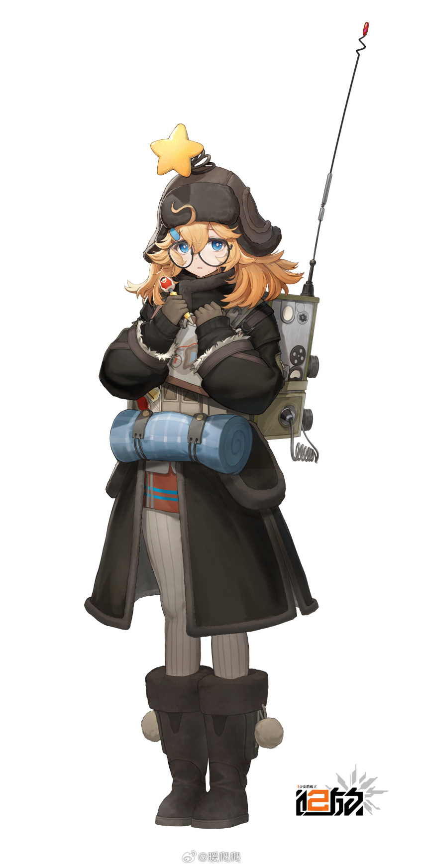 1girl absurdres backpack bag beanie black-framed_eyewear black_coat blonde_hair blue_eyes boots bright_pupils brown_footwear brown_gloves brown_hat coat copyright_name earflap_beanie full_body fur-trimmed_boots fur-trimmed_coat fur_trim furrowed_brow girls'_frontline girls'_frontline_2:_exilium glasses gloves grey_pantyhose hand_up hat hat_ornament highres holding holding_pen knee_boots logo long_hair long_sleeves looking_at_viewer miniskirt nuanpapa official_art overcoat pantyhose parted_lips pen pom_pom_(clothes) radio_antenna red_skirt skirt solo star_(symbol) star_hat_ornament striped_clothes striped_pantyhose vertical-striped_clothes vertical-striped_pantyhose weibo_logo weibo_username white_background white_pupils wkp_(girls'_frontline)