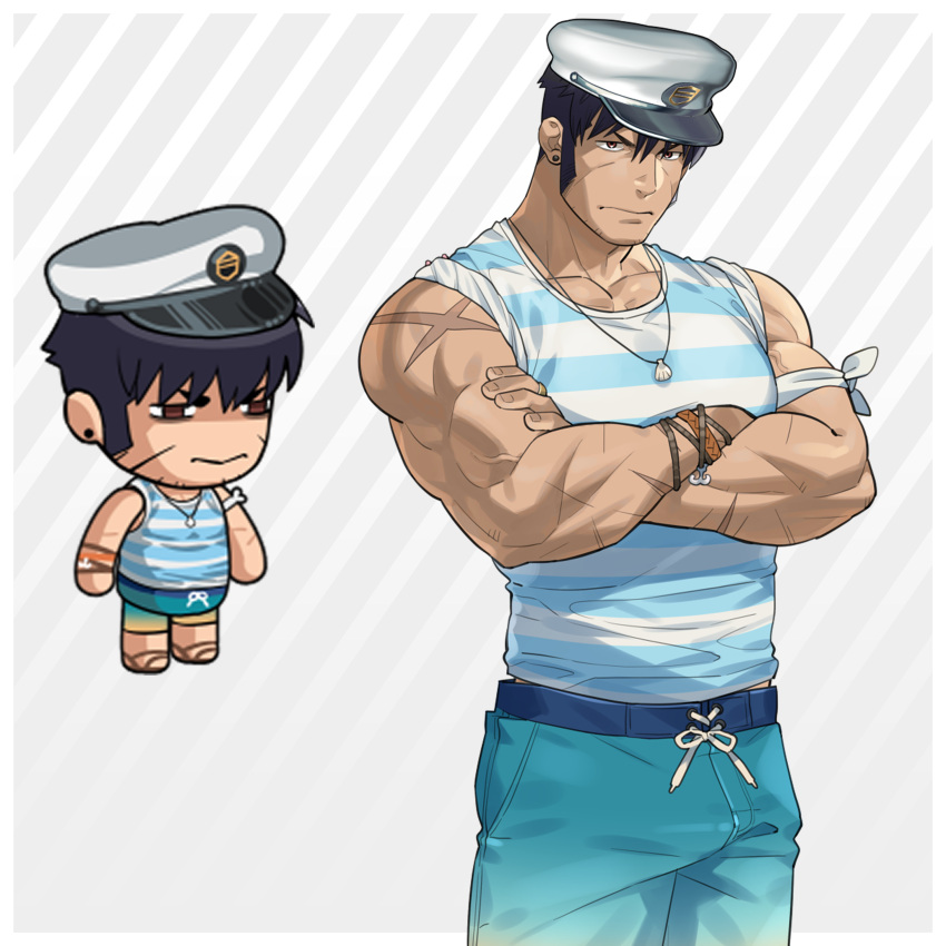 1boy absurdres bandana_around_arm bara bracelet character_request chibi cowboy_shot crossed_arms dark-skinned_male dark_skin ero_condo forearms frown hat highres jewelry kienbiu long_sideburns looking_ahead male_focus muscular muscular_male necklace official_alternate_costume paid_reward_available pants pectorals sailor_collar sailor_hat sailor_shirt scar scar_on_arm shell shell_necklace shirt short_hair sideburns simple_background solo standing tied_sleeves