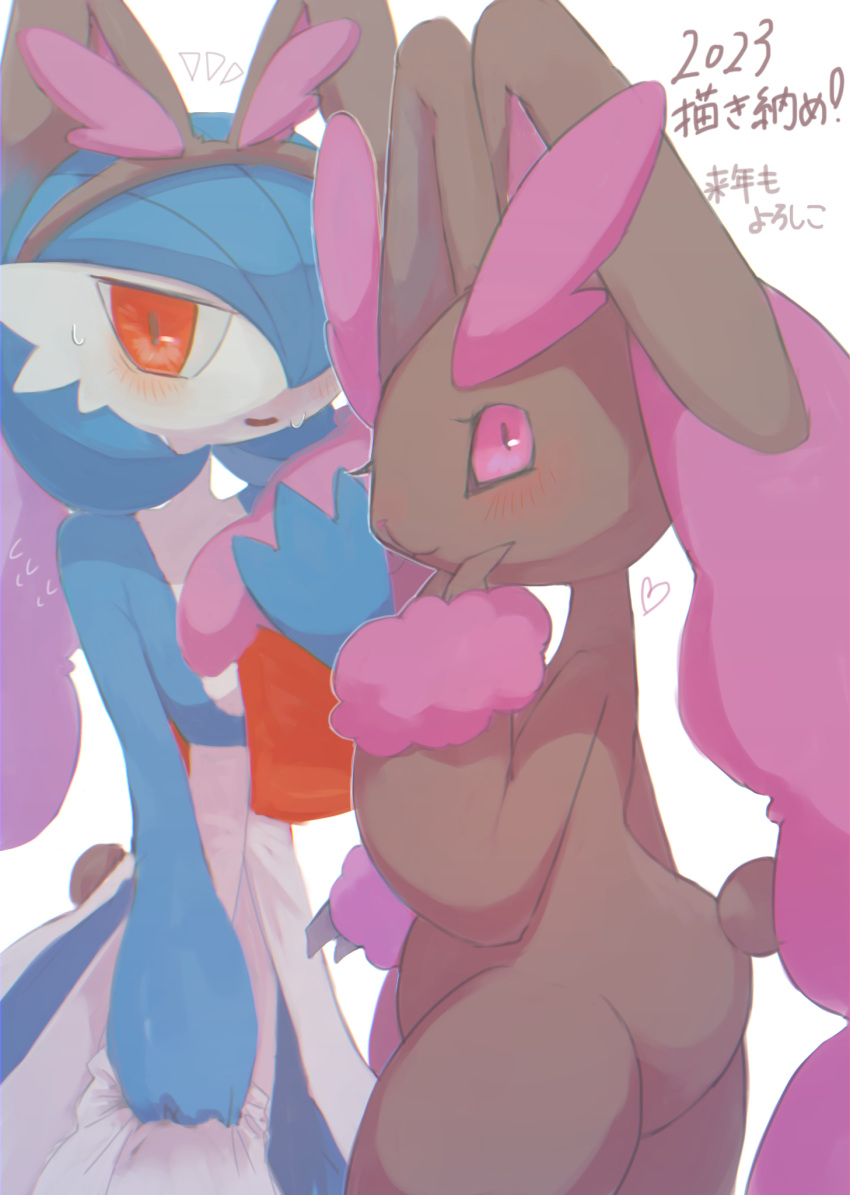 2023 alternate_color animal_ears blue_hair blush brown_fur butter_(oshi8kyoumoh) chinese_zodiac colored_skin dress furry gardevoir hair_over_one_eye highres looking_at_viewer lopunny multicolored_skin orange_eyes pink_eyes pokemon pokemon_(creature) rabbit rabbit_ears rabbit_tail shiny_pokemon simple_background sweat tail two-tone_fur two-tone_skin white_background white_dress white_skin year_of_the_rabbit