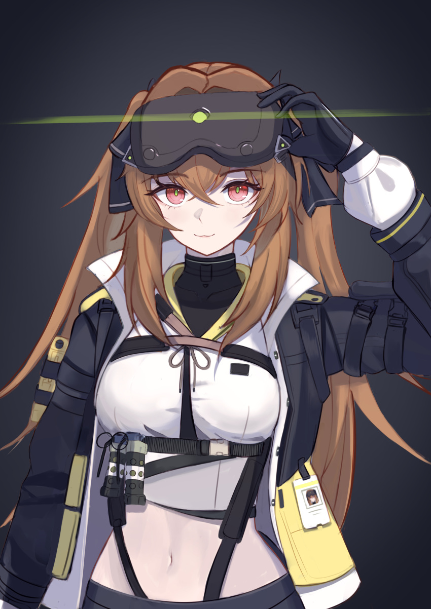1girl absurdres black_background black_jacket brown_hair chest_belt chest_harness cropped_shirt flashbang girls'_frontline girls'_frontline_2:_exilium goggles goggles_on_head hand_on_goggles hand_up harness highres id_card jacket long_hair looking_at_viewer navel open_clothes open_jacket shiori_(akasaka_shiori) smile twintails ump9_(girls'_frontline) upper_body