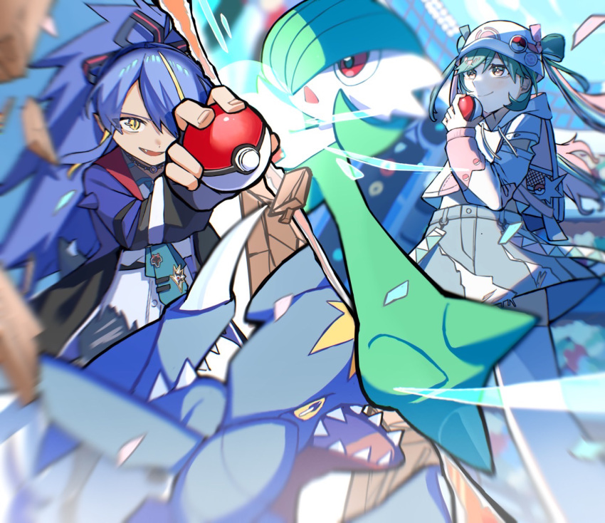 2girls aqua_hair beanie blue_hair choker claws dragon fangs garchomp gardevoir glorious_day_(vocaloid) green_hair hat hatsune_miku holding holding_poke_ball long_hair multiple_girls nikuta open_mouth poke_ball pokemon ponytail project_voltage red_eyes smile spiked_choker spikes twintails vocaloid yellow_eyes