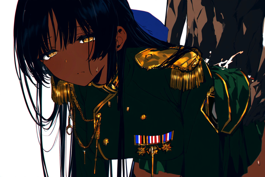 96faraway ai-generated black_hair breasts cum golden_eyes hetero large_breasts military_uniform non-web_source original sex sex_from_behind skirt uniform