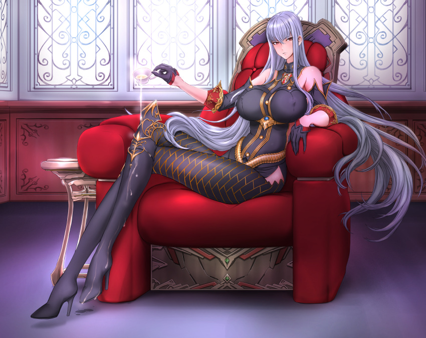 1girl bare_shoulders black_gloves boots breasts commission crossed_legs cup detached_sleeves gloves grey_hair high_heel_boots high_heels highres holding holding_cup large_breasts legs long_hair long_legs looking_at_viewer military_uniform pixiv_commission pouring pouring_onto_self red_eyes selvaria_bles senjou_no_valkyria_(series) senjou_no_valkyria_1 sitting solo sonota_taisei uniform very_long_hair