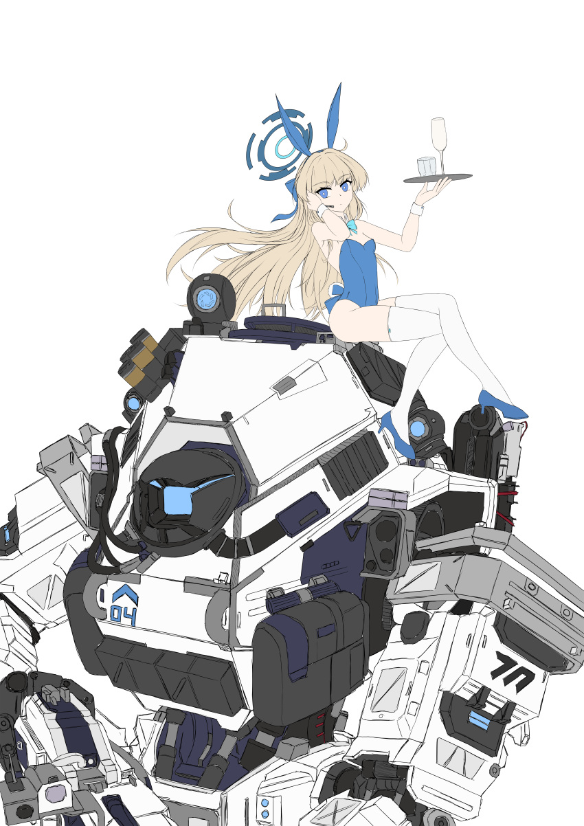 1girl absurdres animal_ears blue_archive blue_bow blue_eyes blue_footwear blue_leotard bow crossover cup earpiece english_commentary floating_hair gun hair_bow halo hand_in_own_hair high_heels highres holding holding_gun holding_tray holding_weapon ion_(titanfall_2) leotard long_hair looking_at_viewer looking_to_the_side mecha on_mecha one-eyed rabbit_ears robot sitting thighhighs titanfall_(series) titanfall_2 toki_(blue_archive) toki_(bunny)_(blue_archive) tray very_long_hair weapon white_thighhighs wrist_cuffs zarl_m._kris