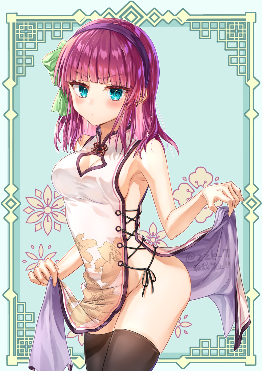 1girl absurdres angel_beats! aqua_eyes backboob bare_arms black_hairband black_thighhighs blunt_bangs blush border bow breasts china_dress chinese_clothes cleavage cleavage_cutout closed_mouth clothing_cutout colored_eyelashes commentary_request commission cowboy_shot curvy dress eyelashes floral_print frown green_background green_bow hair_bow hairband highres hip_vent jitome looking_at_viewer medium_breasts medium_hair nakamura_yuri no_bra no_panties partial_commentary print_dress purple_hair sideless_dress simple_background skeb_commission skindentation skirt_hold sleeveless sleeveless_dress solo straight_hair thighhighs thighs tsurime twitter_username v-shaped_eyebrows variant_set white_border white_dress zuzuhashi