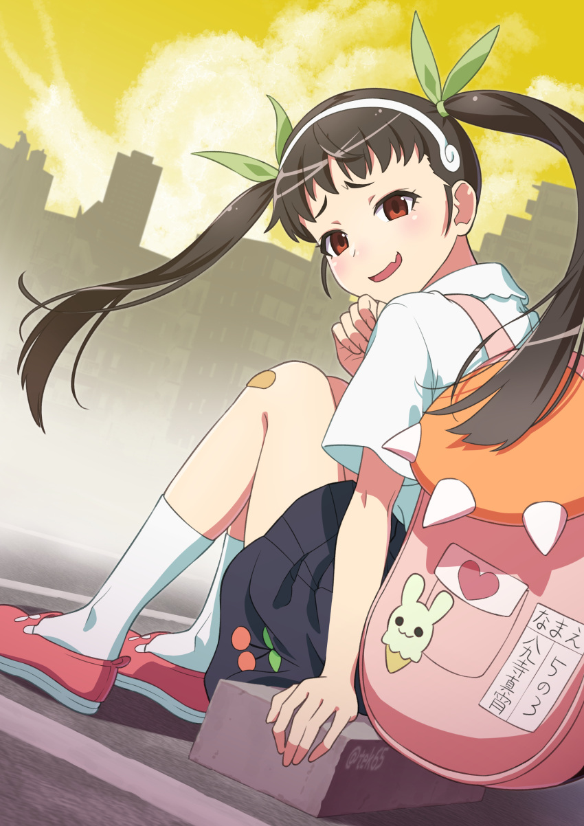 absurdres artist_name backpack bag bakemonogatari bandaid bandaid_on_knee bandaid_on_leg black_skirt brown_hair character_name city cloud collared_shirt commentary curled_fingers dress_shirt fang floating_hair girugiru_(tektonics6588) green_ribbon hachikuji_mayoi hair_ribbon hairband hand_on_ground hand_on_own_chin highres knees_up long_hair looking_at_viewer looking_back mary_janes monogatari_(series) on_ground parking_lot parted_lips pink_bag pink_footwear pleated_skirt raised_eyebrows red_eyes ribbon shirt shoes signature sitting skin_fang skirt sky skyline smile socks thick_eyebrows translated twintails twitter_username white_hairband white_shirt white_socks yellow_sky