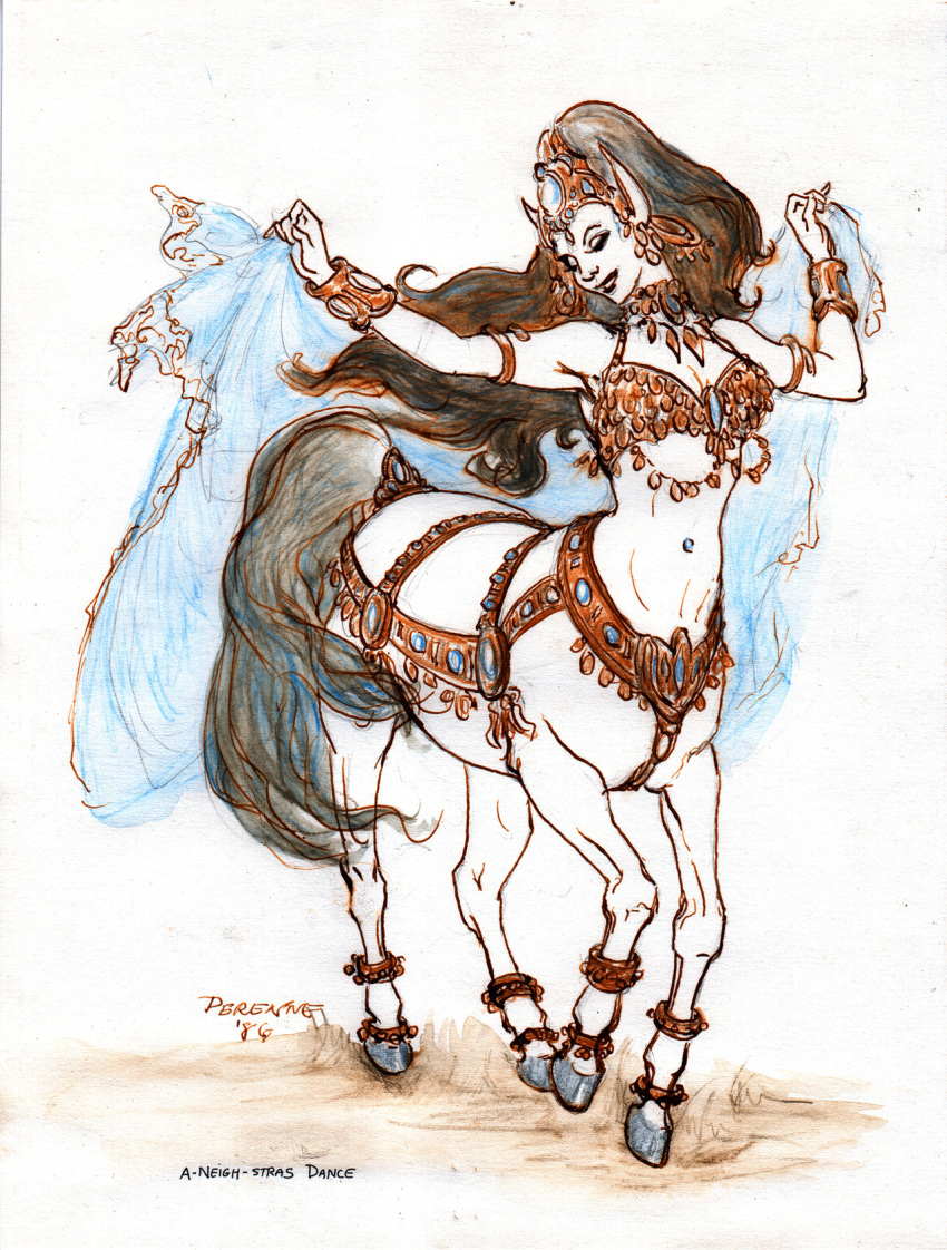 1girl centaur closed_eyes dancer dancing earrings highres hooves jewelry long_hair monster_girl navel taur