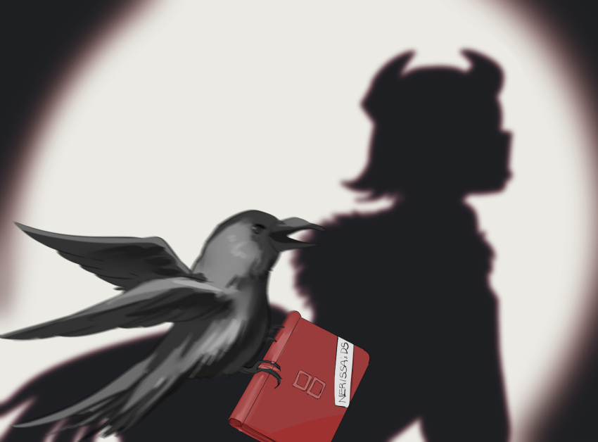 1girl animal aradia_ravencroft bird black_bird black_feathers crow demon_horns different_shadow feathers handheld_game_console hololive hololive_english hololive_shadow_puppet_(meme) horns meme nintendo_ds set7 shadow_puppet short_hair silhouette solo spotlight virtual_youtuber
