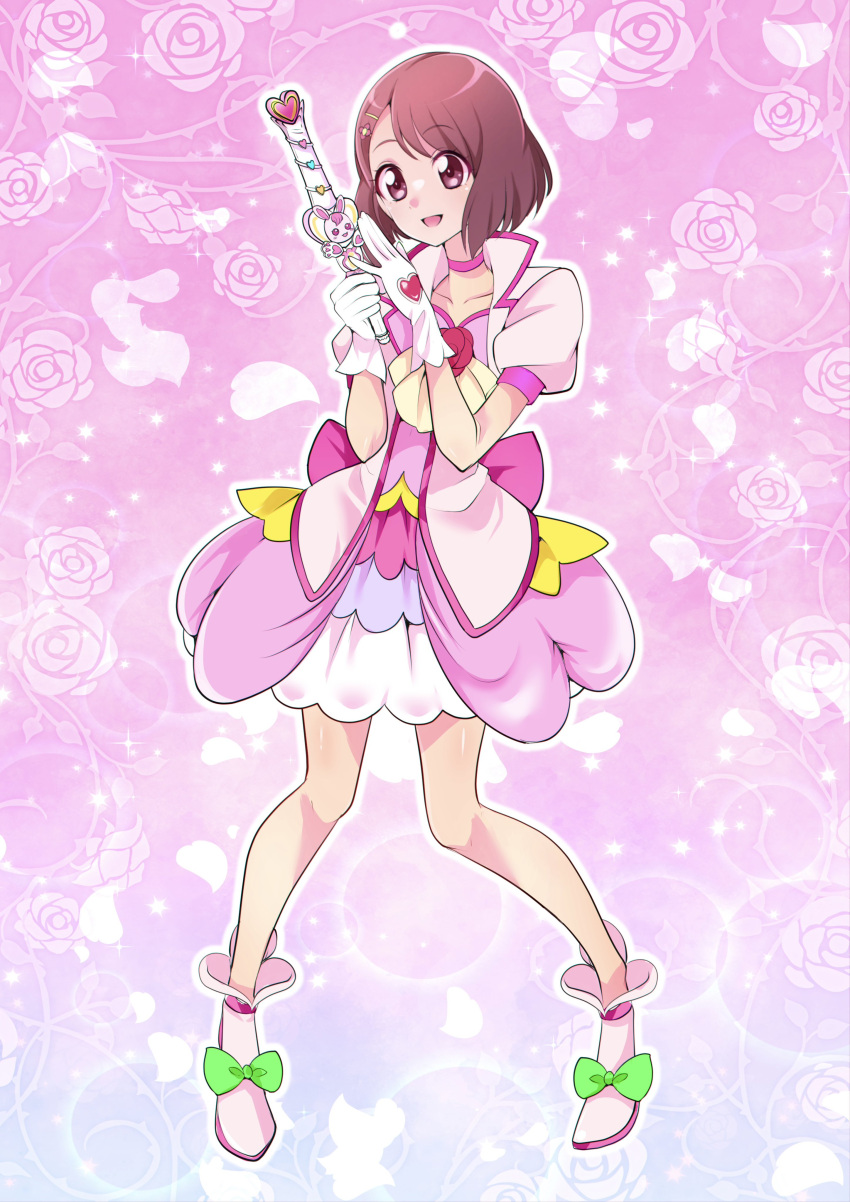 1girl absurdres ankle_boots back_bow bob_cut boots bow brown_hair choker commentary cure_grace dress floral_background full_body gloves hanadera_nodoka healin'_good_precure highres holding holding_wand jacket looking_to_the_side magical_girl medium_dress mitsuki_tayura open_mouth pink_background pink_bow pink_choker pink_dress pink_footwear pink_jacket precure puffy_short_sleeves puffy_sleeves purple_eyes short_sleeves smile solo standing wand white_gloves