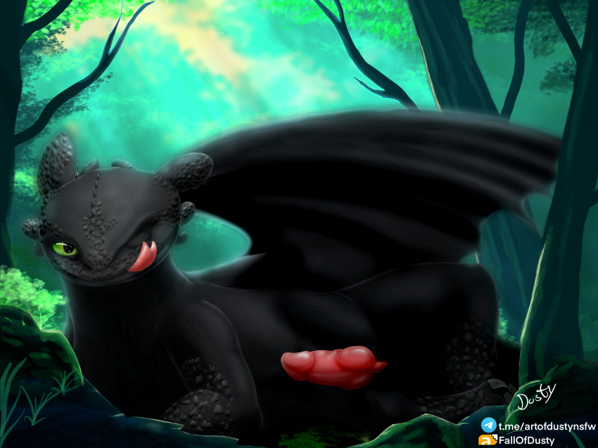 animal_genitalia animal_penis big_penis black_body claws digital_media_(artwork) dragon dreamworks dreamworks_dragons erection european_mythology eye_reflection fallofdusty feral forest forest_background genitals glistening glistening_eyes green_eyes hi_res how_to_train_your_dragon knot licking licking_lips looking_at_viewer lying male mythological_creature mythological_scalie mythology nature nature_background night_fury on_side one_eye_closed penis plant presenting presenting_penis reflection scales scalie signature solo tail text tongue tongue_out toothless tree western_dragon wings wink winking_at_viewer
