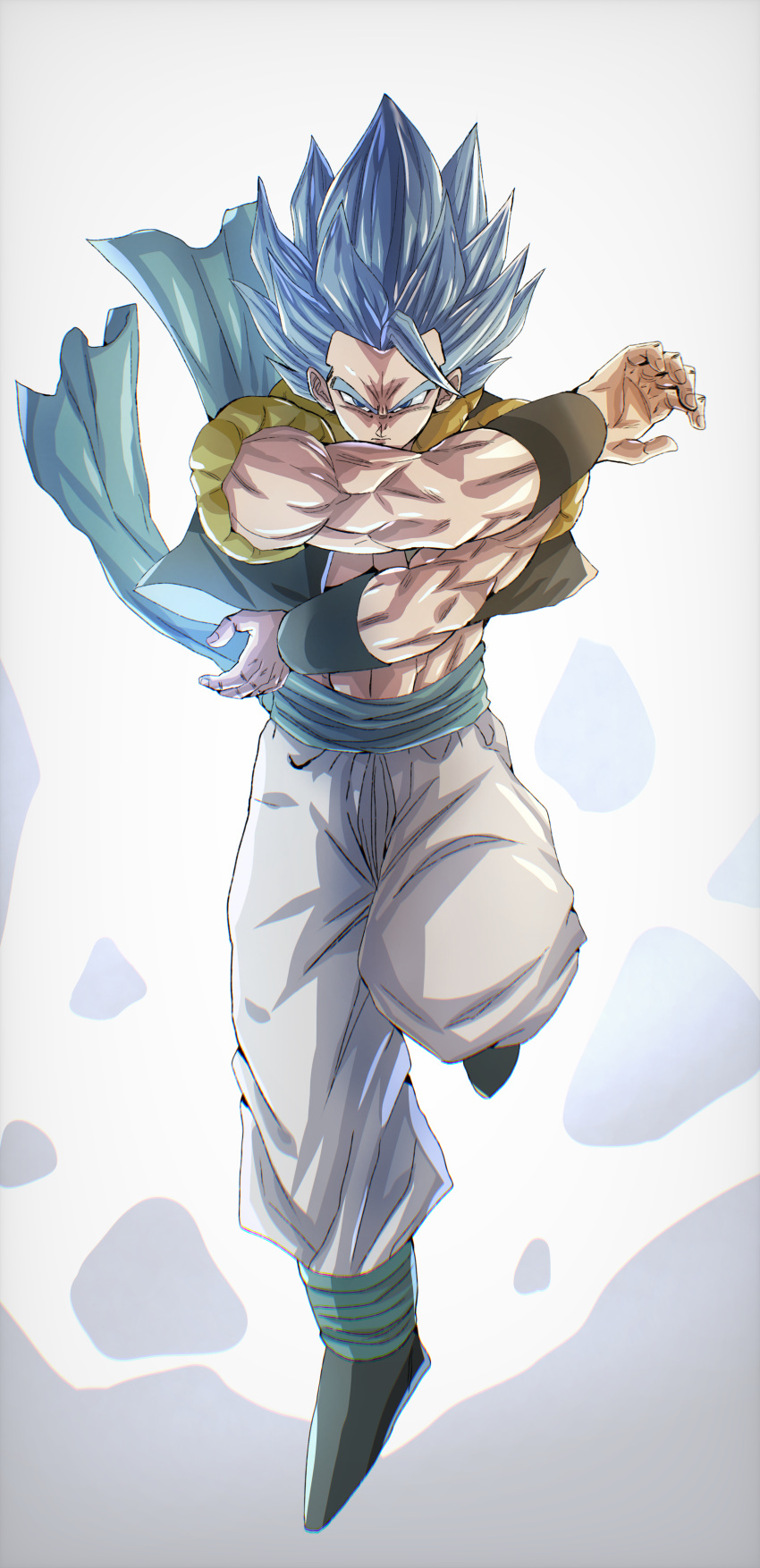 1boy absurdres baggy_pants black_wristband blue_eyes blue_hair blue_sash chiro_illust commentary debris dragon_ball dragon_ball_super dragon_ball_super_broly dragon_ball_z_dokkan_battle full_body gogeta highres looking_at_viewer male_focus metamoran_vest muscular muscular_male pants sash serious shoes solo spiked_hair super_saiyan super_saiyan_blue v-shaped_eyebrows white_background white_pants wristband