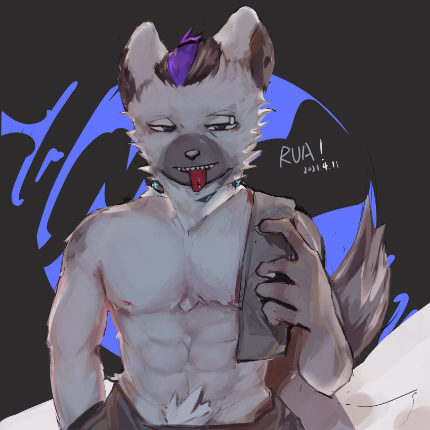 1boy arknights black_eyes eyebrow_piercing furry furry_male grey_background hand_in_pocket highres hyena_boy male_focus male_pubic_hair multicolored_hair nipples p7ywirzyw8lesuc pectorals piercing pubic_hair sharp_teeth solo spot_(arknights) streaked_hair teeth toned toned_male tongue_piercing topless_male towel_on_one_shoulder