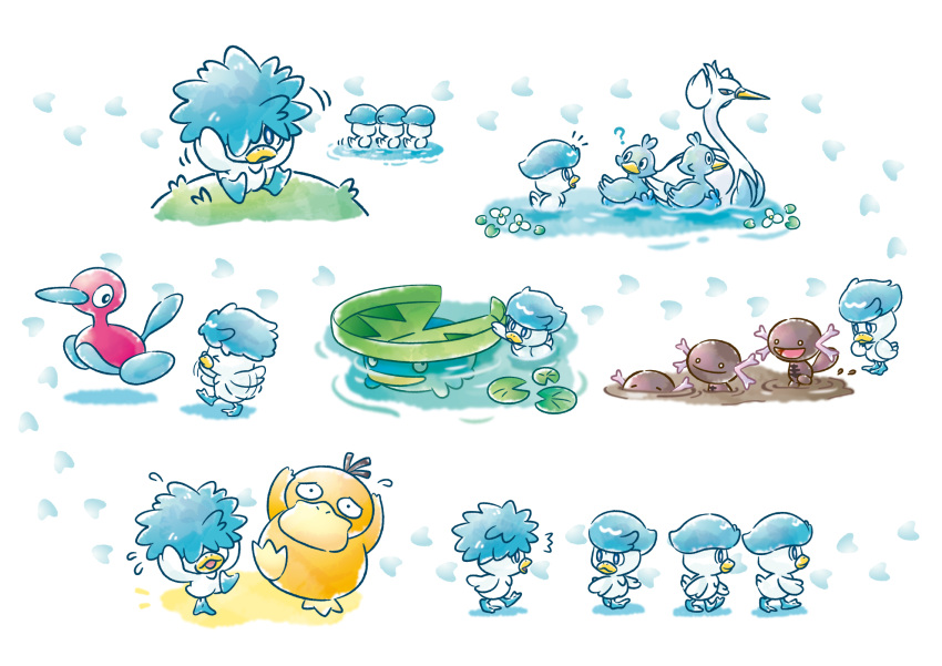 &gt;_&lt; afloat bright_pupils closed_eyes commentary_request ducklett flying_sweatdrops highres lily_pad lotad messy_hair multiple_views no_humans official_art paldean_wooper pokemon pokemon_(creature) porygon2 psyduck quaxly standing swanna water white_pupils