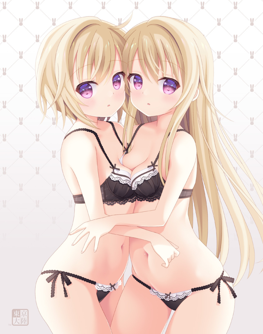 2girls black_bra black_panties blonde_hair bra breast_press breasts gochuumon_wa_usagi_desu_ka? highres jinja_eru jinja_natsume kurasawa_kyoushou lingerie long_hair looking_at_viewer multiple_girls navel panties parted_lips purple_eyes short_hair siblings side-tie_panties sisters small_breasts symmetrical_docking underwear underwear_only