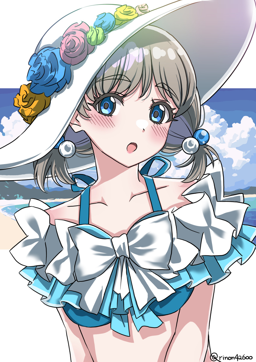 1girl absurdres alternate_hairstyle bikini blue_bikini blue_eyes blush collarbone commentary_request flower frilled_bikini frills grey_hair hat hat_flower highres looking_at_viewer love_live! love_live!_superstar!! midriff open_mouth rinon42600 short_hair solo swimsuit tang_keke twintails twitter_username two-tone_bikini upper_body white_bikini white_hat