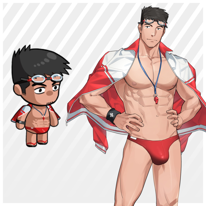 1boy abs absurdres bara bare_pectorals bulge character_request chibi cowboy_shot ero_condo facial_hair goatee_stubble goggles goggles_on_head highres jacket kienbiu lifeguard male_focus male_swimwear navel nipples official_alternate_costume open_clothes open_jacket paid_reward_available pectorals red_male_swimwear short_hair simple_background solo standing stomach stubble swim_briefs toned toned_male whistle whistle_around_neck