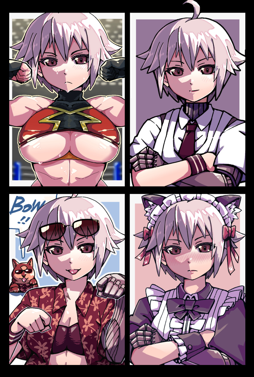 1girl ahoge alternate_costume animal_ear_fluff animal_ears apron biceps bikini black_bikini black_border black_bow black_bowtie black_dress black_undershirt black_wrist_cuffs blush border bow bowtie breasts brown_eyes cat_ears cleavage closed_mouth collared_shirt commentary_request crossed_arms dana_zane dog double_biceps_pose dress enmaided eyewear_on_head fake_animal_ears fingerless_gloves flexing girls'_frontline gloves hair_between_eyes hair_ribbon hawaiian_shirt highres large_breasts light_frown light_smile looking_at_viewer maid maid_headdress mechanical_arms mikiji multiple_views necktie open_clothes open_shirt paw_pose prosthesis prosthetic_arm rad_shiba red_necktie red_ribbon red_wristband ribbon shiba_inu shirt short_hair short_sleeves single_fingerless_glove single_mechanical_arm smile sunglasses suspenders sweat swimsuit tongue tongue_out underboob upper_body va-11_hall-a white_apron white_hair white_shirt wrestling_outfit wrestling_ring wrist_cuffs