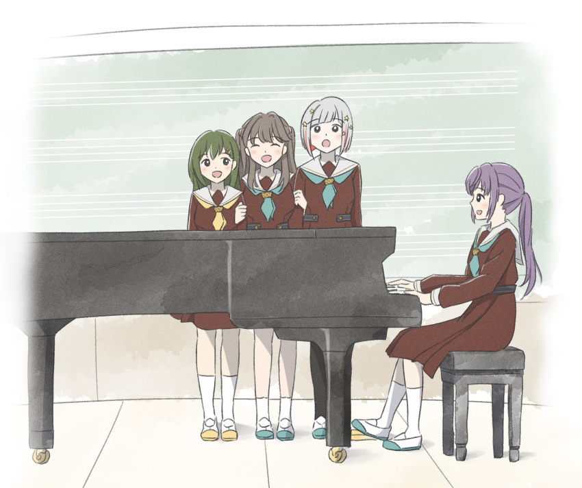 4girls :d :o aqua_neckerchief black_eyes blunt_bangs brown_dress brown_hair chalkboard check_commentary closed_eyes colored_inner_hair commentary_request double-parted_bangs dress fujishima_megumi green_hair grey_hair hair_ornament hairclip hasu_no_sora_school_uniform highres holding_another's_arm instrument link!_like!_love_live! loafers long_hair long_sleeves looking_ahead looking_at_another looking_to_the_side love_live! multicolored_hair multiple_girls music neckerchief oogami_sachi open_mouth otomune_kozue playing_instrument playing_piano pleated_dress ponytail purple_hair red_hair sailor_collar sailor_dress school_uniform shoes short_hair sidelocks sitting smile staff_(music) standing star_(symbol) star_hair_ornament streaked_hair tottsan two_side_up vignetting virtual_youtuber white_footwear white_sailor_collar winter_uniform yellow_neckerchief yugiri_tsuzuri