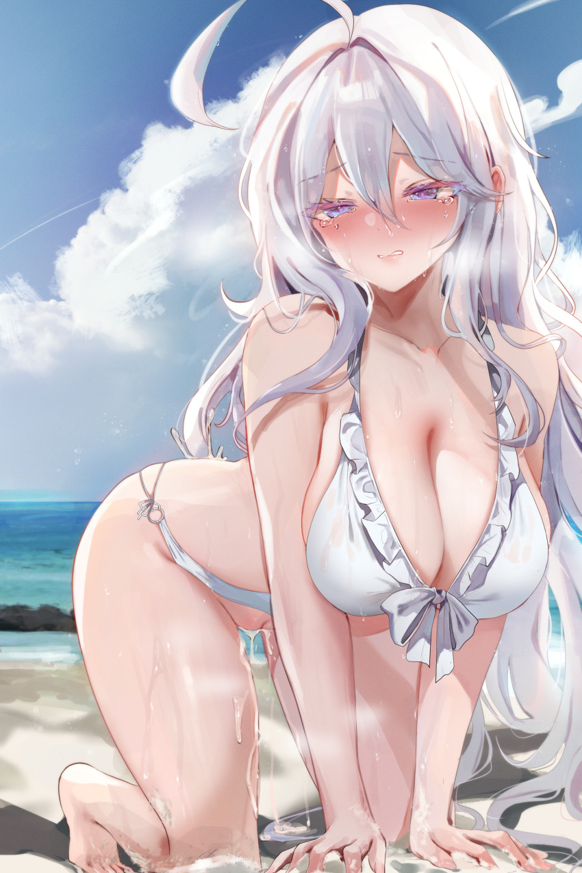 1girl absurdres ahoge antenna_hair beach bikini bikini_bottom_aside blue_sky blush breasts clenched_teeth clothing_aside cloud collarbone commentary_request day dolechan embarrassed frilled_bikini frills hair_between_eyes highres large_breasts long_hair looking_at_viewer o-ring o-ring_bikini ocean original outdoors purple_eyes pussy_juice sky solo sweat swimsuit teeth variant_set white_bikini white_hair