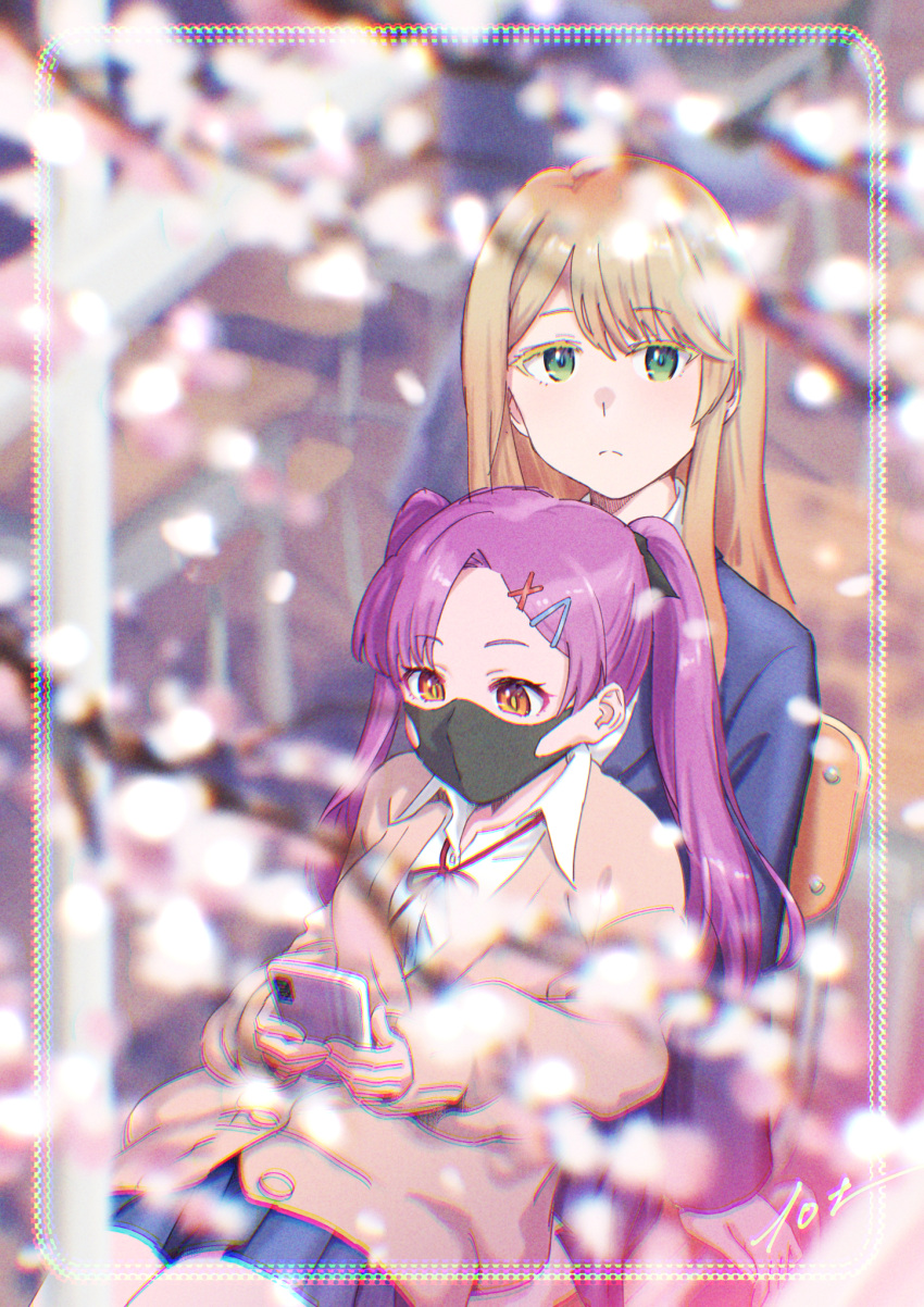 10ttruck 2girls andou_kanna blazer blonde_hair blue_jacket blue_skirt boku_no_kokoro_no_yabai_yatsu branch cardigan cellphone chair cherry_blossoms green_eyes hanzawa_yurine highres holding holding_phone jacket long_hair long_sleeves looking_at_phone looking_at_viewer mask miniskirt mouth_mask multiple_girls multiple_hairpins neck_ribbon on_chair parted_bangs phone pink_hair pleated_skirt red_ribbon ribbon school_chair school_uniform signature sitting sitting_on_lap sitting_on_person skirt smartphone twintails yellow_cardigan yellow_eyes yuri
