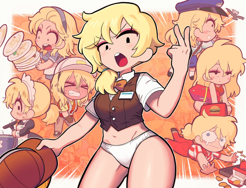 1girl adventure_time adventure_time:_fionna_and_cake angry asymmetrical_hair cape fionna_campbell highres lifeguard mailman no_pants orange_background orange_cape panties part_time_job satanmanse solo underwear v vulgar white_panties working
