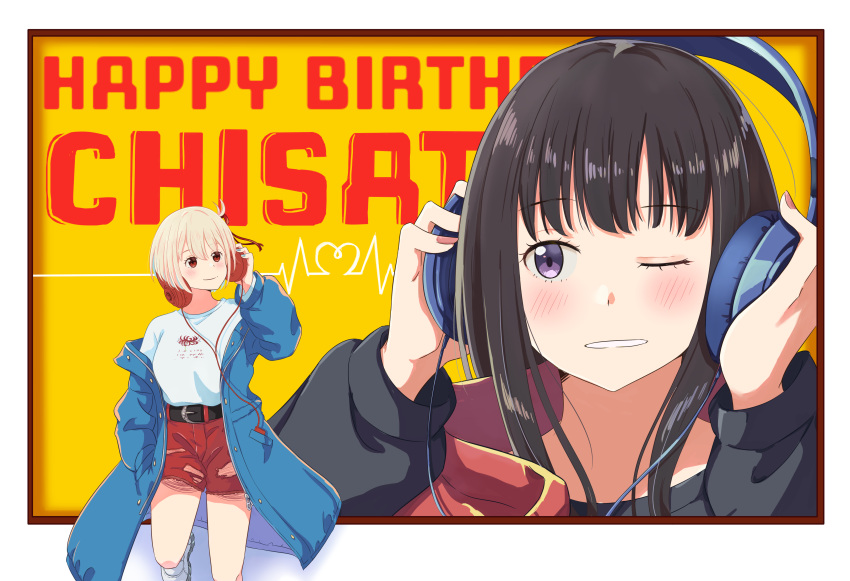 2girls absurdres billboard black_hair blonde_hair blue_coat chai_haru closed_mouth coat commentary_request english_text happy_birthday headphones highres inoue_takina long_hair long_sleeves looking_at_another lycoris_recoil medium_hair multiple_girls nishikigi_chisato one_eye_closed purple_eyes red_eyes red_shorts shirt shorts smile torn_clothes torn_shorts white_footwear white_shirt