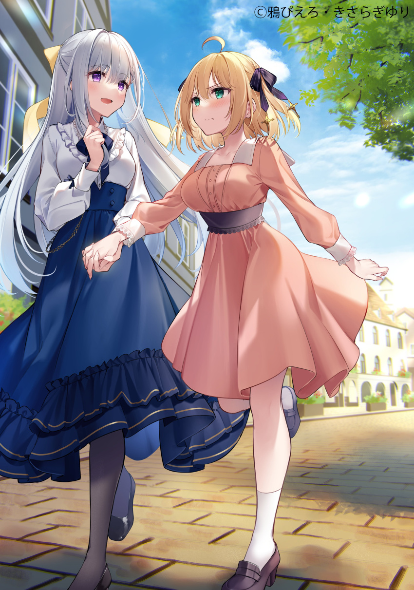 2girls absurdres ahoge anisphia_wynn_palettia black_footwear black_ribbon blonde_hair blue_sky blush bow breasts cloud commentary_request dress euphyllia_magenta frills green_eyes grey_hair hair_between_eyes hair_bow hair_ribbon high-waist_skirt highres holding_hands interlocked_fingers kisaragi_yuri large_breasts long_hair multiple_girls official_art open_mouth outdoors pantyhose pink_dress purple_eyes ribbon second-party_source short_hair skirt sky socks tensei_oujo_to_tensai_reijou_no_mahou_kakumei tree walking yellow_bow yuri