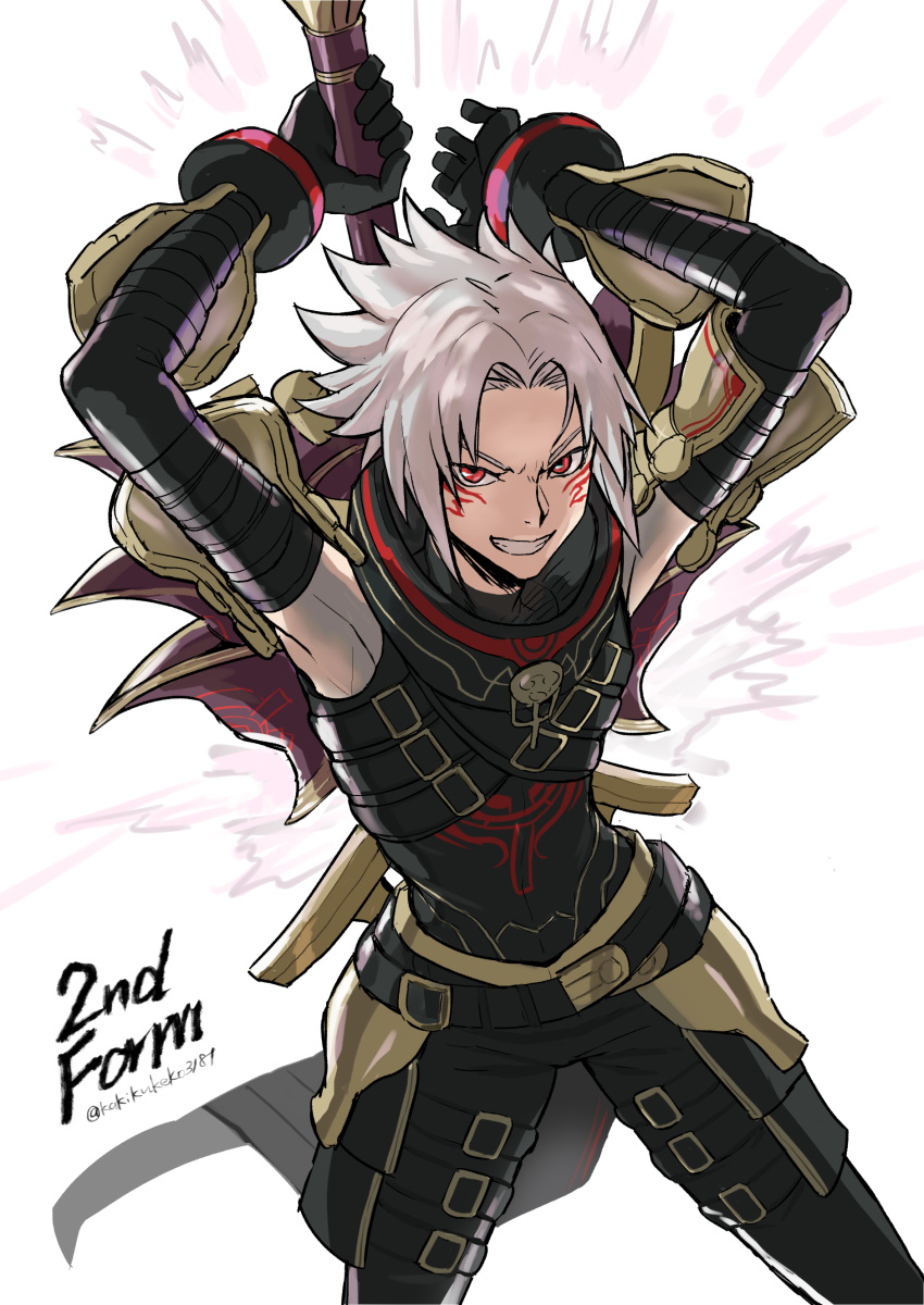 .hack// .hack//g.u. 1boy absurdres albino angry armor arms_up black_gloves clenched_teeth detached_sleeves english_text gloves grey_hair haseo_(.hack//) highres incoming_attack kakikuyeko3181 looking_at_viewer male_focus red_eyes short_hair solo spiked_hair standing tattoo teeth twitter_username weapon white_background