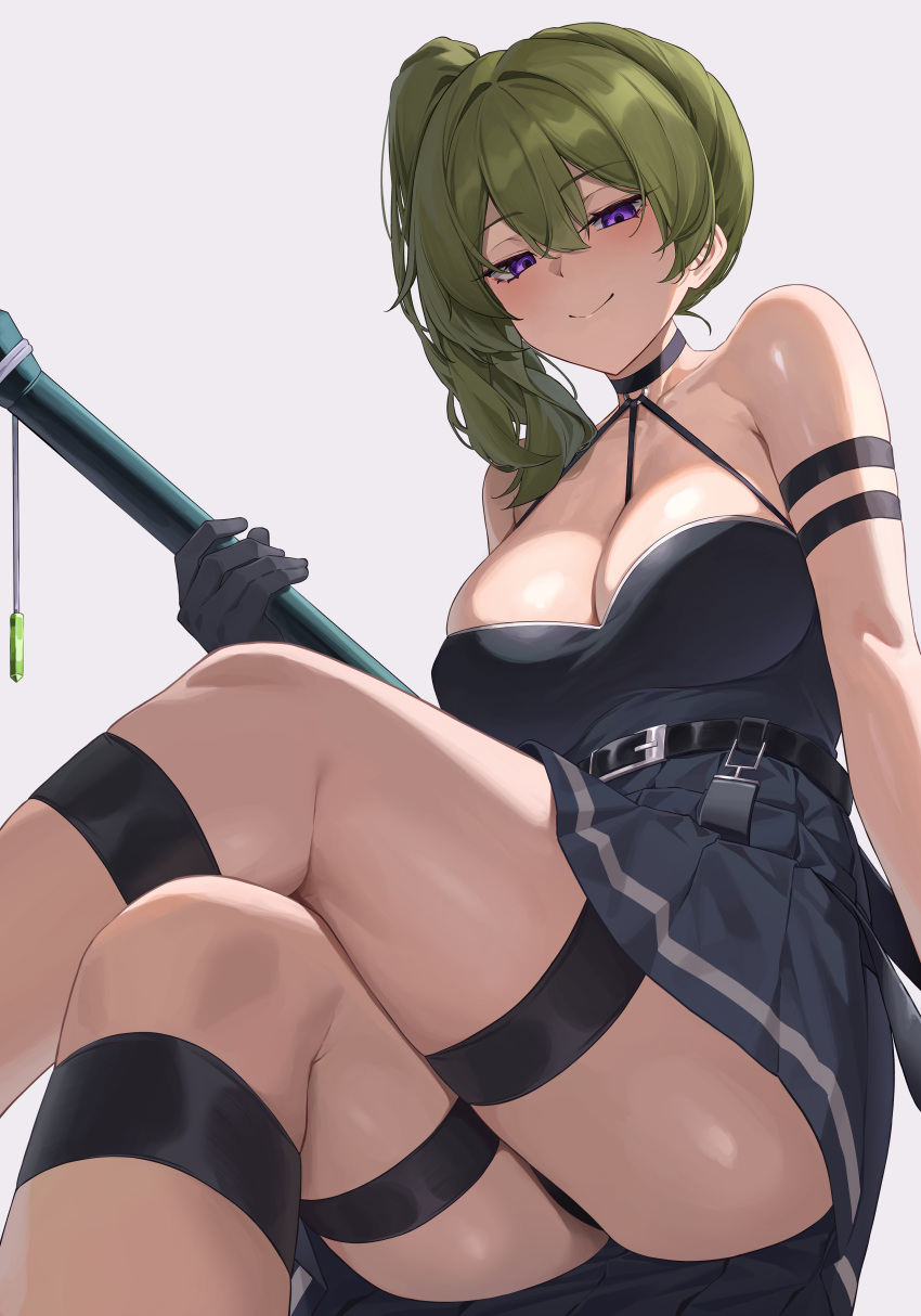 1girl absurdres armband ass bannou_ippoutsukou bare_shoulders black_dress black_gloves black_panties blush breasts closed_mouth commentary_request crossed_legs dress gloves green_hair highres holding holding_polearm holding_weapon large_breasts looking_at_viewer panties polearm purple_eyes side_ponytail sitting skindentation sleeveless sleeveless_dress smile sousou_no_frieren thick_thighs thigh_strap thighs ubel_(sousou_no_frieren) underwear weapon