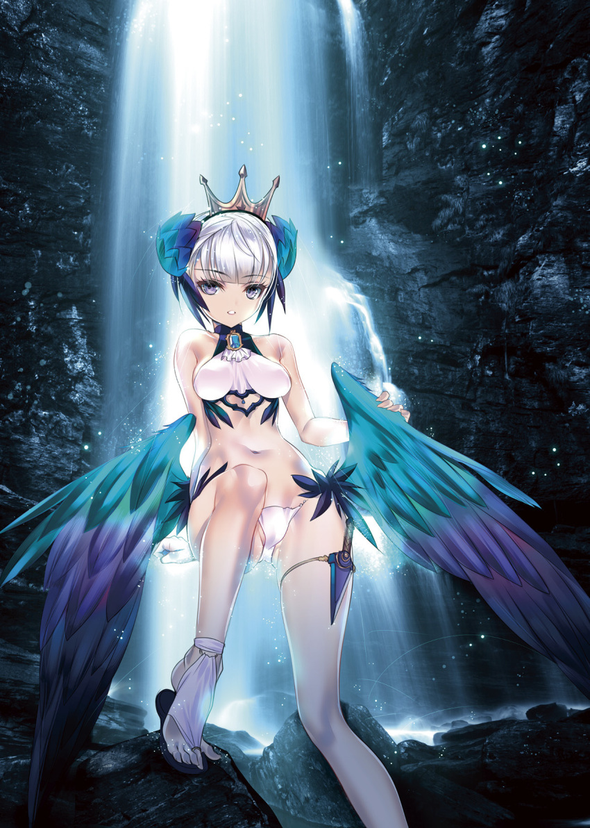 1girl arm_support ass_visible_through_thighs bare_legs bare_shoulders blunt_bangs breasts bridal_legwear choco_(chocolate_shop) commentary_request crown dagger feet flip-flops foot_out_of_frame gwendolyn_(odin_sphere) highres jewelry knife light_particles looking_at_viewer low_wings medium_breasts midriff navel odin_sphere outdoors panties parted_lips partially_visible_vulva photoshop_(medium) purple_eyes sandals short_hair sitting solo string_panties thighlet toe_ring toes underwear water waterfall weapon white_hair white_panties wings