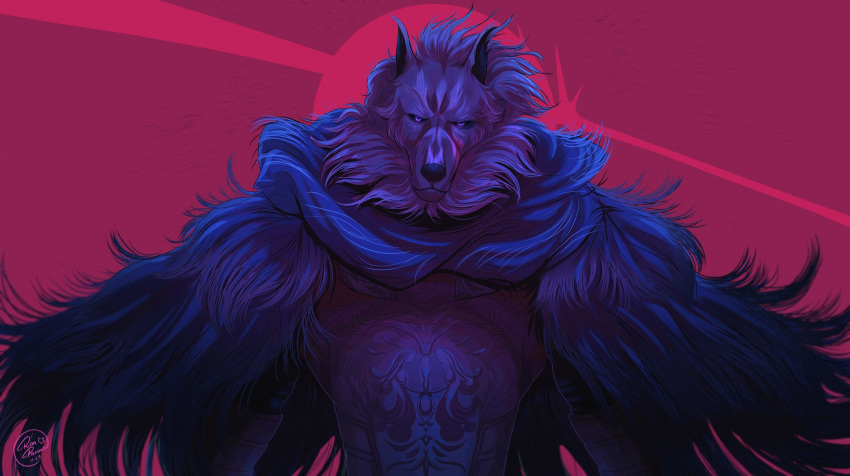2023 anthro black_inner_ear black_nose blaidd_(elden_ring) blue_cape blue_clothing blue_eyes canid canine canis cape chest_tattoo clothing colored cover_art elden_ring fluffy fromsoftware fur hi_res looking_at_viewer male mammal muscular muscular_anthro muscular_male ranpakoka red_background serious serious_face shaded shirtless shirtless_anthro shirtless_male signature simple_background solo standing tattoo wallpaper white_body white_fur wolf