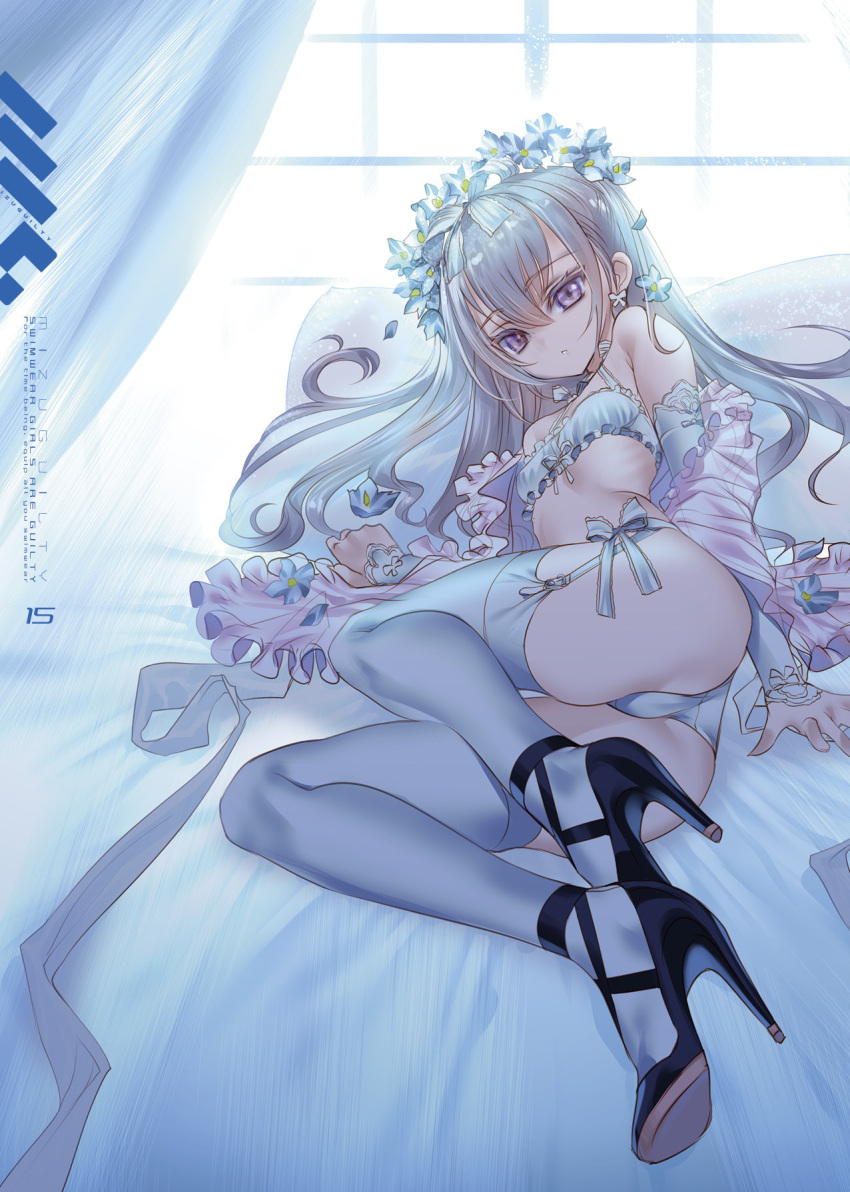 1girl backlighting bed bra choco_(chocolate_shop) copyright_request detached_sleeves flower_wreath frilled_bra frills garter_belt garter_straps grey_hair head_wreath high_heels highres lingerie long_hair looking_at_viewer lying on_bed on_side panties parted_lips pillow purple_eyes solo thighhighs underwear white_bra white_panties white_thighhighs window
