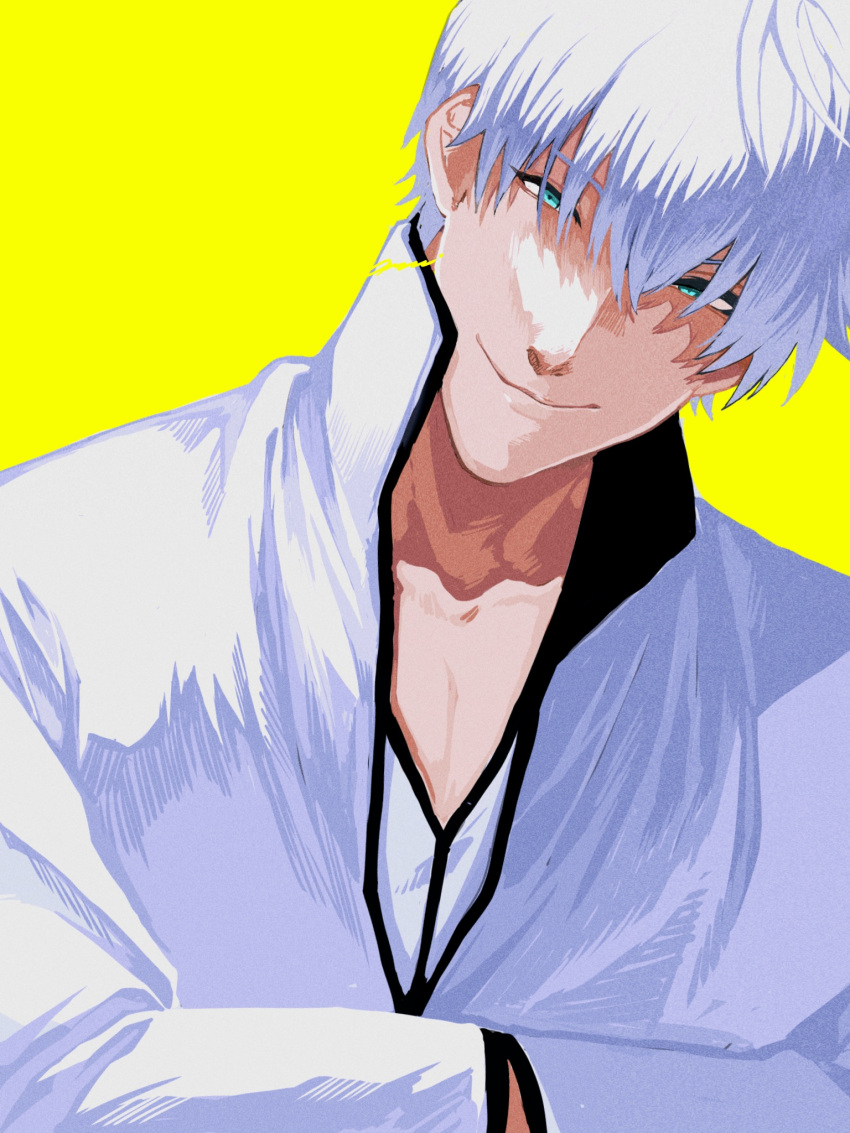 1boy a_nzi_end bleach blue_eyes close-up closed_mouth collarbone hair_between_eyes hands_in_opposite_sleeves head_tilt high_collar highres ichimaru_gin jacket long_sleeves looking_at_viewer male_focus shirt short_hair signature smile solo white_hair white_jacket white_shirt yellow_background