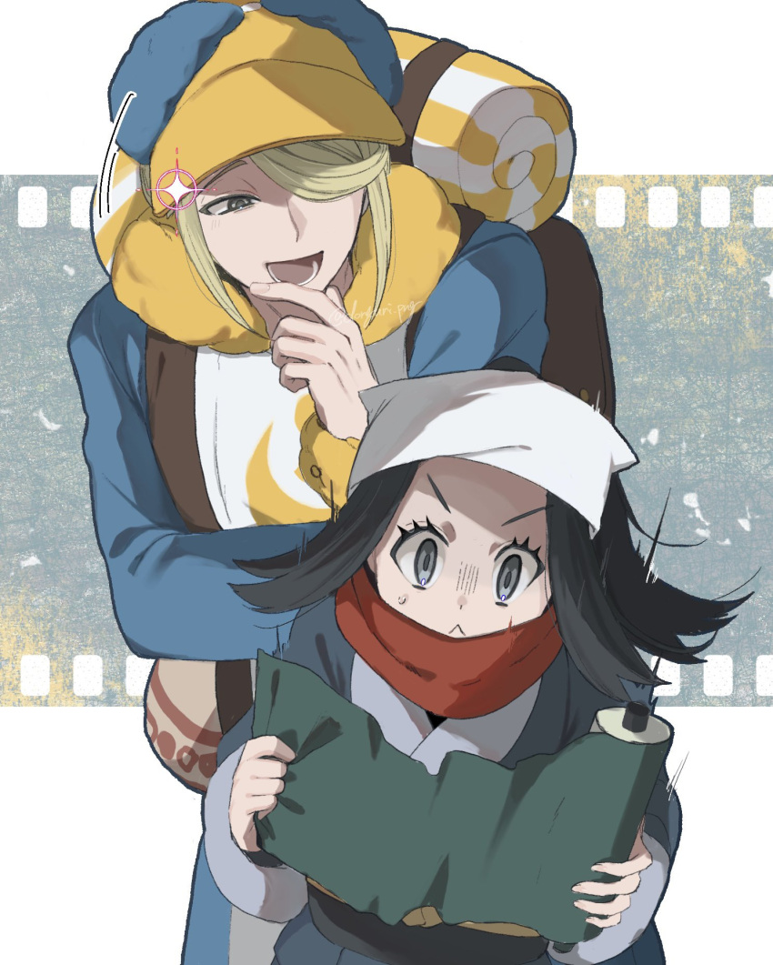 1boy 1girl :&lt; akari_(pokemon) bag black_hair blonde_hair blue_eyes closed_mouth donguri_png galaxy_expedition_team_survey_corps_uniform ginkgo_guild_uniform grey_eyes hair_over_one_eye head_scarf highres holding holding_scroll long_sleeves open_mouth pokemon pokemon_legends:_arceus red_scarf scarf scroll simple_background sparkle sweat twitter_username volo_(pokemon)