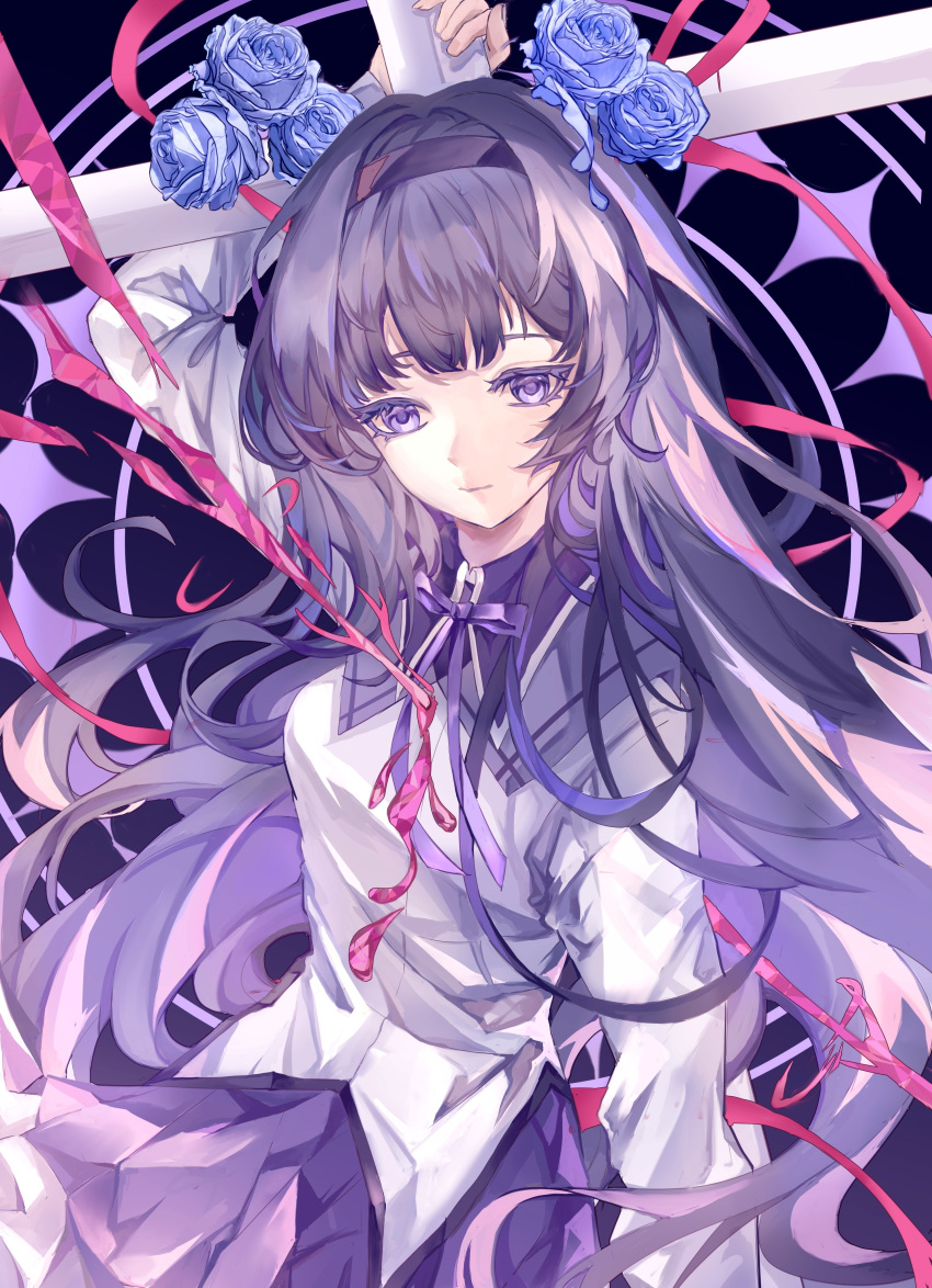 1girl absurdres akemi_homura arm_up black_hairband blood blue_background blue_flower blue_rose capelet expressionless floating_hair flower hairband halo halo_behind_head highres impaled jacket jianjian889 long_hair long_sleeves looking_at_viewer mahou_shoujo_madoka_magica mahou_shoujo_madoka_magica_(anime) neck_ribbon pink_blood pink_ribbon purple_capelet purple_eyes purple_hair purple_skirt ribbon rose skirt solo stylized_blood upper_body white_jacket