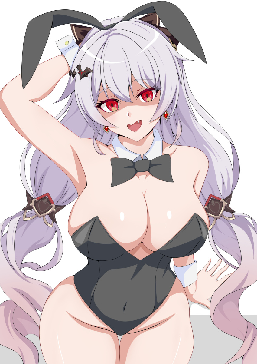 1girl absurdres animal_ears arm_behind_head arm_up armpits bare_legs bare_shoulders black_bow black_bowtie bow bowtie breasts cleavage collar cowboy_shot detached_collar earrings fake_animal_ears fang groin hair_bow hair_ornament highleg highleg_leotard highres honkai_(series) honkai_impact_3rd jewelry large_breasts leotard light_blush long_hair looking_at_viewer nobu_teio open_mouth partially_shaded_face playboy_bunny presenting_armpit rabbit_ears red_eyes simple_background sitting solo theresa_apocalypse theresa_apocalypse_(luna_kindred) theresa_apocalypse_(lunar_vow:_crimson_love) thighs very_long_hair white_background white_collar white_hair white_wrist_cuffs wrist_cuffs