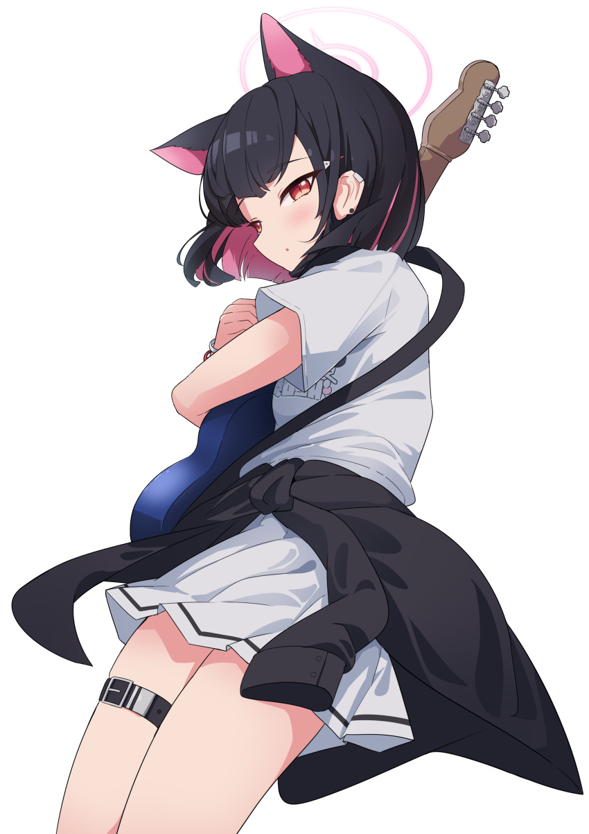 1girl absurdres animal_ears black_hair blue_archive blunt_bangs bob_cut bracelet cat_ears cat_girl clothes_around_waist colored_inner_hair commentary_request earrings electric_guitar extra_ears guitar hair_ornament hairclip halo head_tilt highres holding holding_instrument hugging_object instrument jacket jacket_around_waist jewelry kazusa_(band)_(blue_archive) kazusa_(blue_archive) kittenlochen looking_at_viewer multicolored_hair official_alternate_costume pleated_skirt print_shirt red_eyes shirt short_hair short_sleeves sidelocks simple_background skirt solo t-shirt two-tone_hair white_background white_shirt white_skirt
