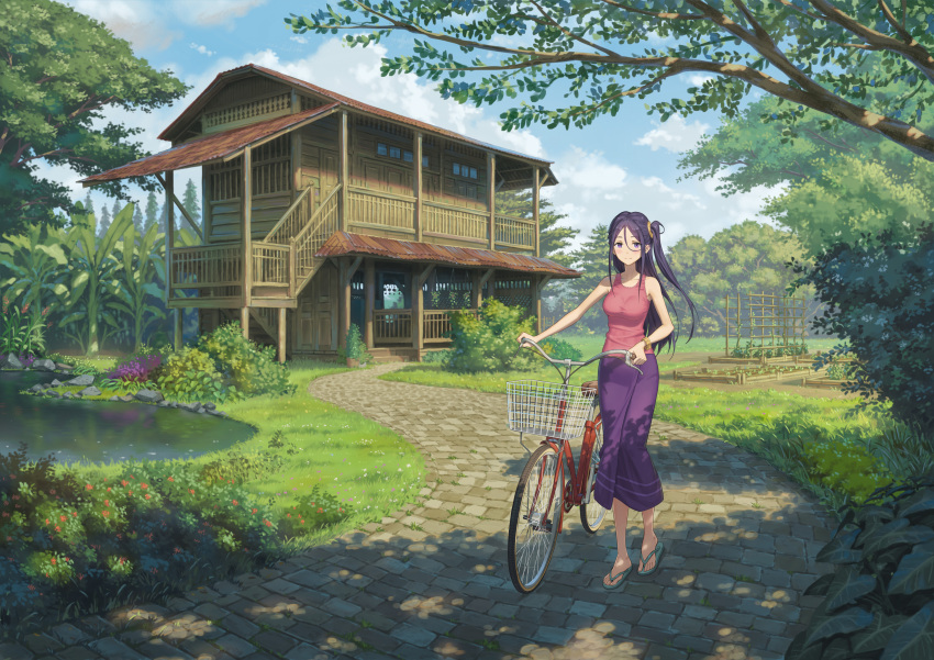 1girl absurdres bicycle blue_sky blush breasts closed_mouth cloud cloudy_sky commentary day english_commentary gold_bracelet grass green_footwear hair_between_eyes highres house large_breasts long_hair mole mole_under_eye one_side_up original outdoors pink_shirt pond purple_eyes purple_hair purple_skirt road sandals shirt sinad_aruatjanapat single_bare_arm skirt sky sleeveless sleeveless_shirt solo standing tree wide_shot