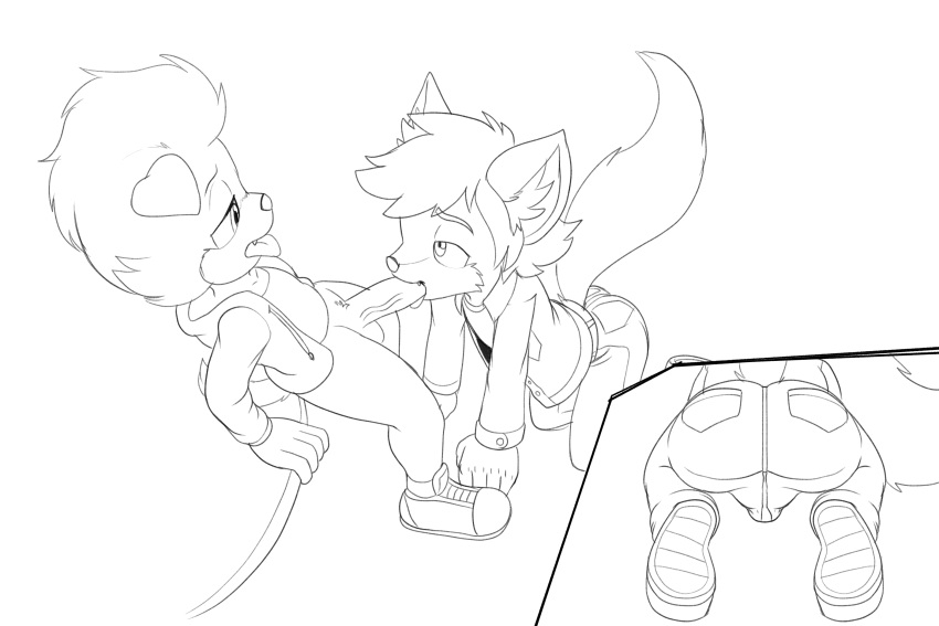 anthro artie_the_dog balls bottomless bottomwear butt canid canine canis clothed clothed_sex clothing denim denim_bottomwear denim_clothing domestic_dog fan_character fellatio fours_(artist) fox genitals girly hi_res jacket jeans male male/male mammal oral original_character pants penile penis sex topwear